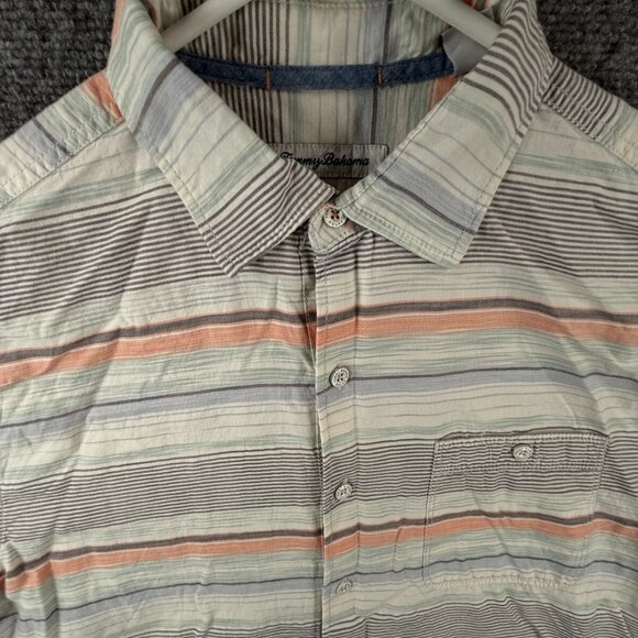 Tommy Bahama Striped Medium Gray Blue Orange Colorful Button Up Tencel Cotton - Picture 2 of 16
